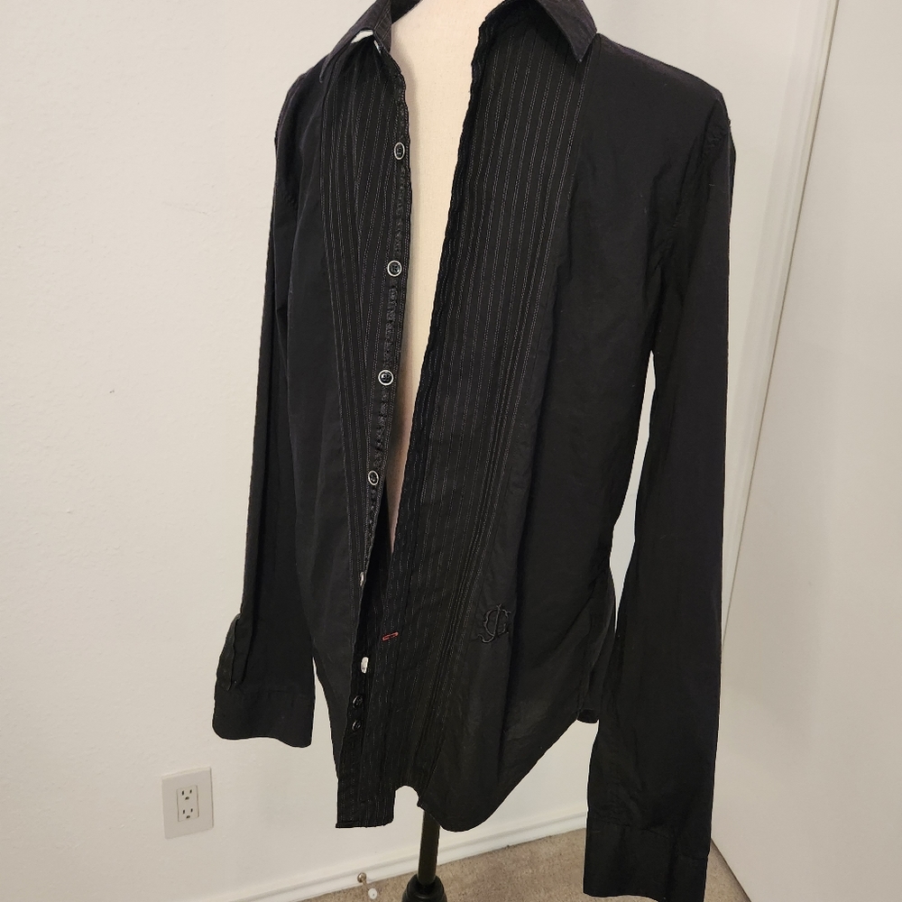 Guess. Black long sleeve button up.  Large. Light pinstripe detail on front.